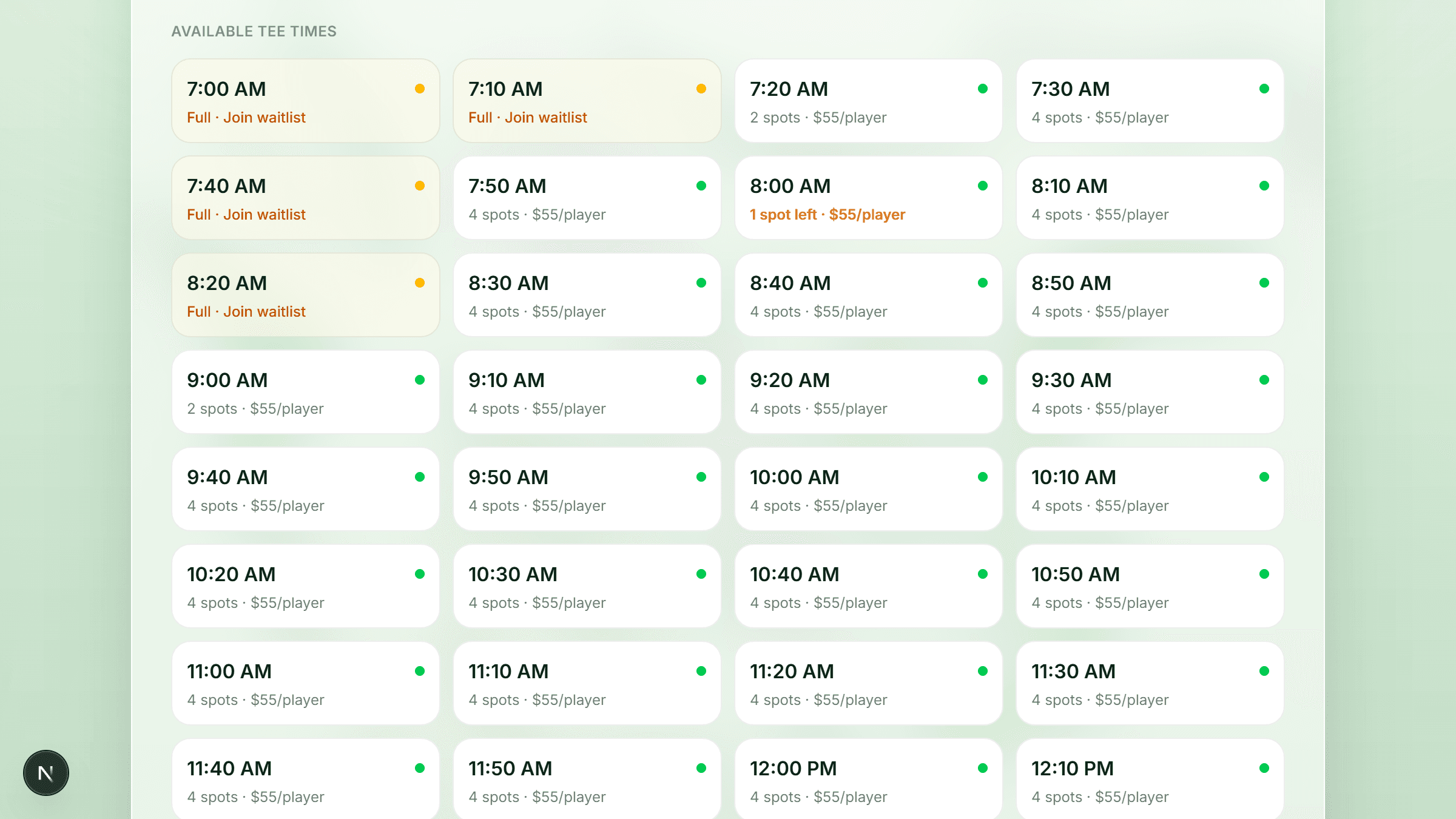 Your live tee sheet, open to golfers 24/7